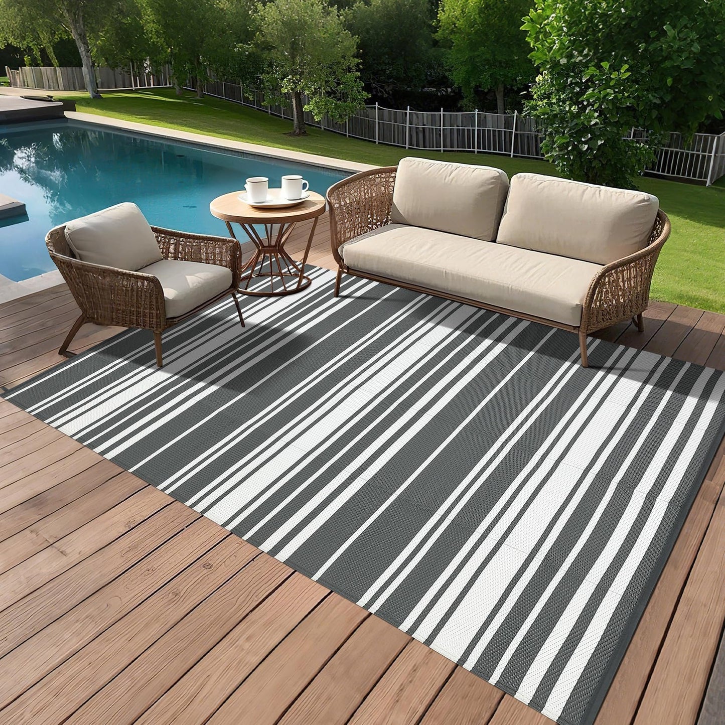 GarveeHome Outdoor Rug Mat for Patio, 9x18 Plastic Straw Rug, Modern Striped Outdoor Camping Rugs for Patio, RV, Porch, Deck, Backyard, Balcony, Camping, Trailer (Grey)