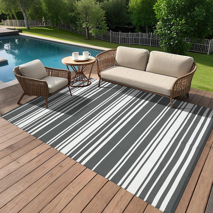 GarveeHome Outdoor Rug Mat for Patio, 9x18 Plastic Straw Rug, Modern Striped Outdoor Camping Rugs for Patio, RV, Porch, Deck, Backyard, Balcony, Camping, Trailer (Grey)