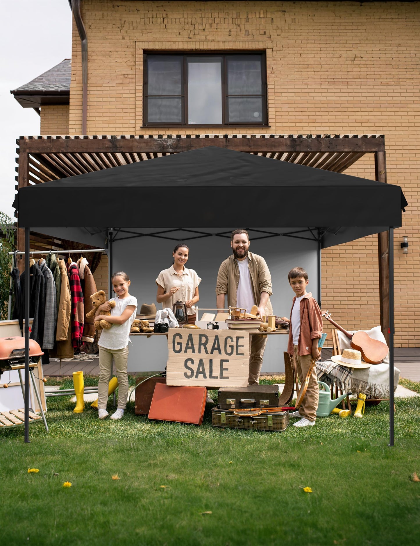 10'x10' Pop up Canopy Tent with 210 D Oxford Fabric, Portable Instant Commercial Canopy Including 4Pcs Sidewalls 4 Stakes 4 Ropes 4 Sandbags for Farmers' Market, Patio, Outdoor, Camping-Black