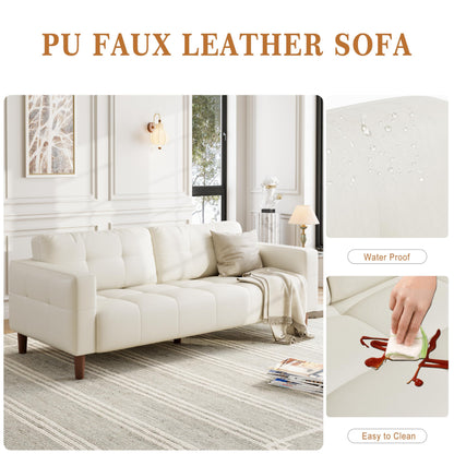 IDEALHOUSE 83” Beige Faux Leather Couch, 3 Seater Sofa Couches with 2 Removable Back Cushions for Living Room, Large Mid Century Modern Office Apartment Couch (Beige)