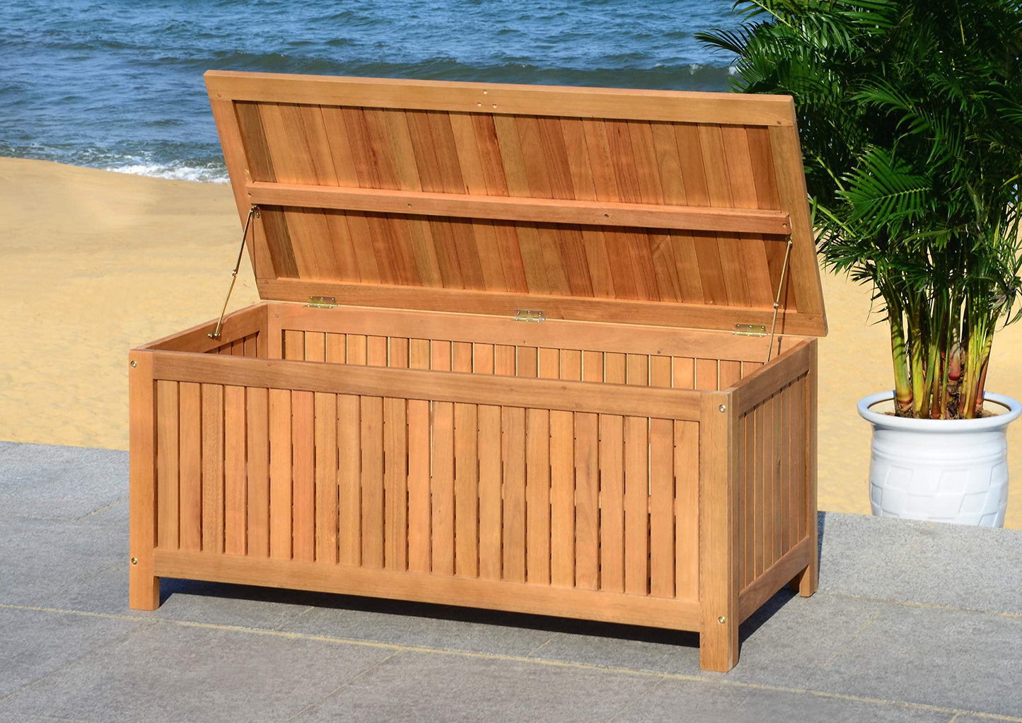 SAFAVIEH Outdoor - Abri Cushion Storage Box - Solid Wood - Coastal Resort Storage Bench Design - Ideal for Patio, Deck, Porch, Backyard, 18" W x 47" D x 19" H (PAT7037A)