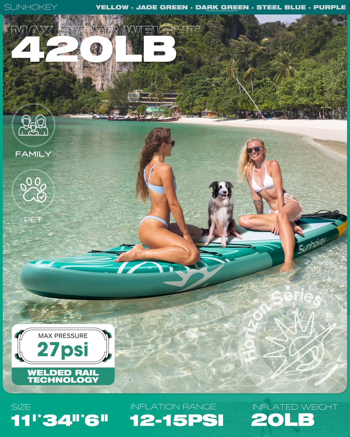 SUNHOKEY 11'×34'' Extra Wide Inflatable Paddle Board with Seam Welded Technology, Stand Up Paddle Board, 420lb Capacity for Adults, Sup Board for All-Level with 2-Blade Paddle/Dual-Action Pump/Leash