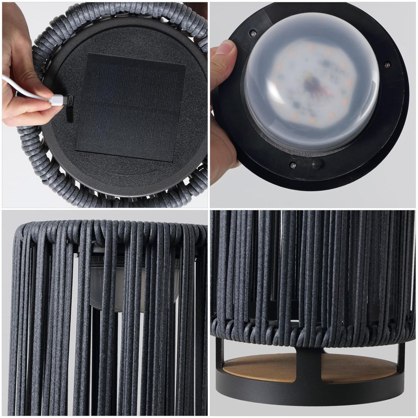 JONATHAN Y 12.5" Charcoal/Black Modern LED Solar Powered Outdoor Lantern, 8.5" x 13" with Faux Rattan Shade, USB-C Rechargeable Cordless Light for Patio Deck Porch Garden JYL2602A