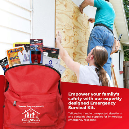 First My Family All-in-One Premium 2-Person Emergency Survival Kit | Hurricane & Earthquake Preparedness Supplies | Disaster Backpack with 72-Hour Survival Gear, First Aid, and More