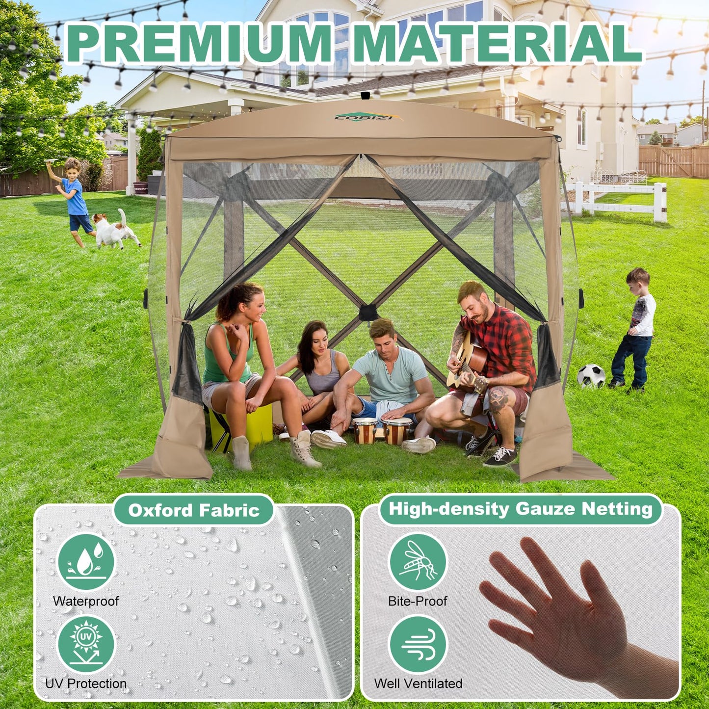 COBIZI 6x6 FT Pop up Gazebo Tent, Waterproof Instant Screen with Mosquito Netting, Portable Outdoor Small Screen Tents Sun Shelter, carpas para Patio for Outdoor Camping, Backyard and Garden, Khaki