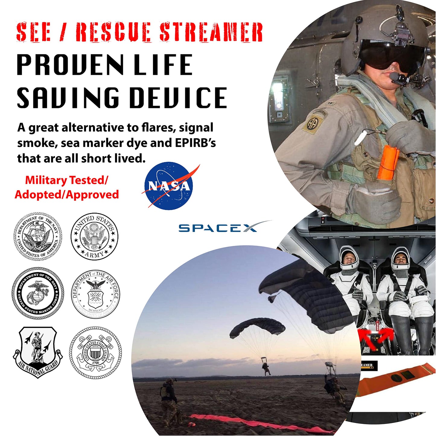 SEE/RESCUE Streamer Survival Tool - The Easy to Use, Portable Rescue Device to Use on Land, Sea, or Snow, Day or Night When Lost or Stranded to Provide Continuous Visibility, Personal Lighted Streamer