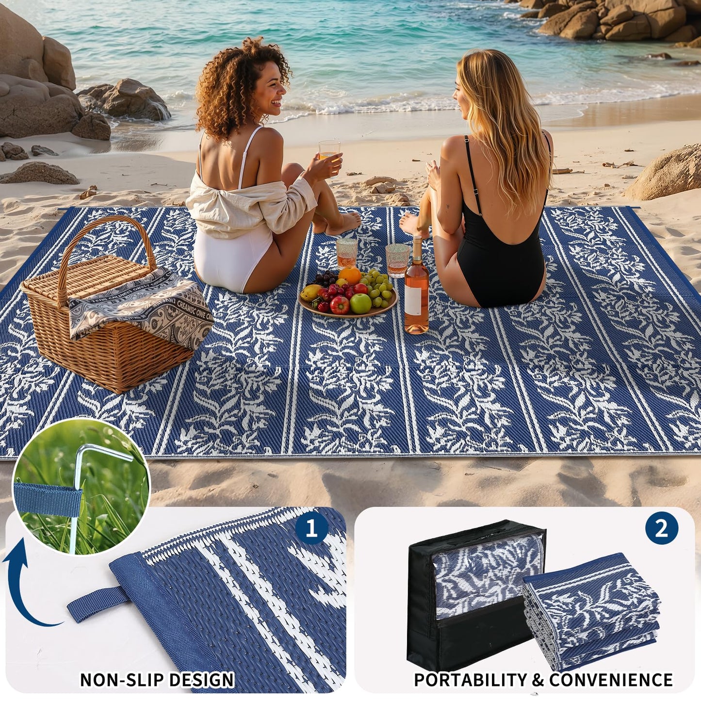 GarveeHome Outdoor Rug 9x18 Waterproof for Patio, Reversible Outdoor Plastic Straw Rug, Wallpaper Flower Indoor Outdoor Mat Carpet for RV, Camping, Deck, Backyard, Picnic, NavyWhite