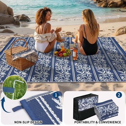 GarveeHome Outdoor Rug 9x18 Waterproof for Patio, Reversible Outdoor Plastic Straw Rug, Wallpaper Flower Indoor Outdoor Mat Carpet for RV, Camping, Deck, Backyard, Picnic, NavyWhite