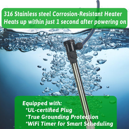 2000W Fully Submersible Water Heater of Baptismal Pool & Bathtub – Portable Immersion Electric Heater with Temp Control & WiFi Timer for Spa, Hot Tub, Bucket, Above Ground Pool & Inflatable Pool etc