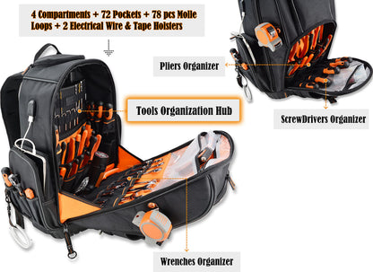 WELKINLAND 72Pockets Rolling Tool backpack, Large tool bag with wheels, Rolling Electrician bag with wheels for men