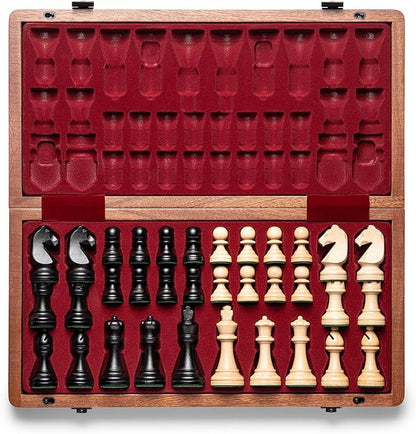 A&ampA Premium Folding Chess Board Game Set 15 Wooden Chess Board &amp 3 King Height Staunton Chess Pieces with 2 Extra Queens Portable Travel Chess Set (Natural Mahogany 15 Inches)