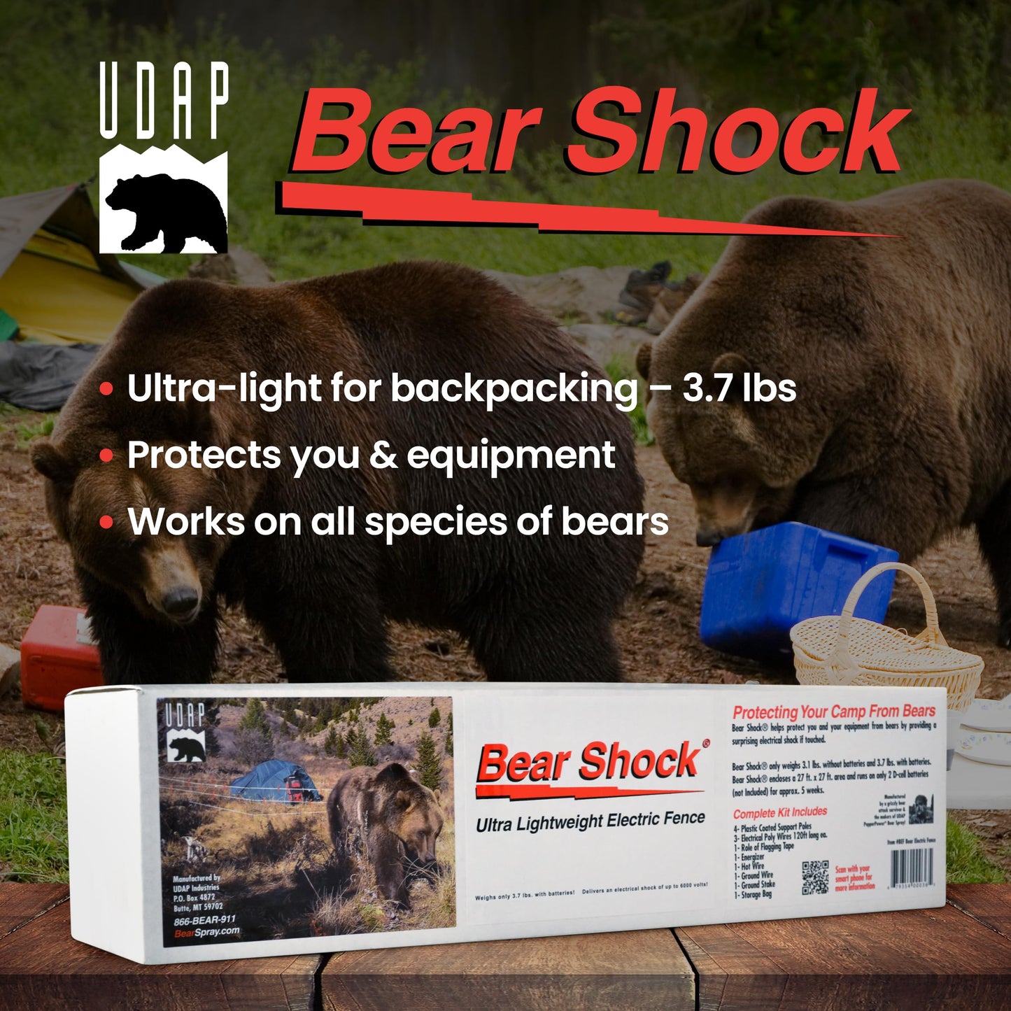 Bear Shock UDAP Ultra Light Electric Fence for Camp, Portable Camping Kit, 27 ft x 27 ft, BEF