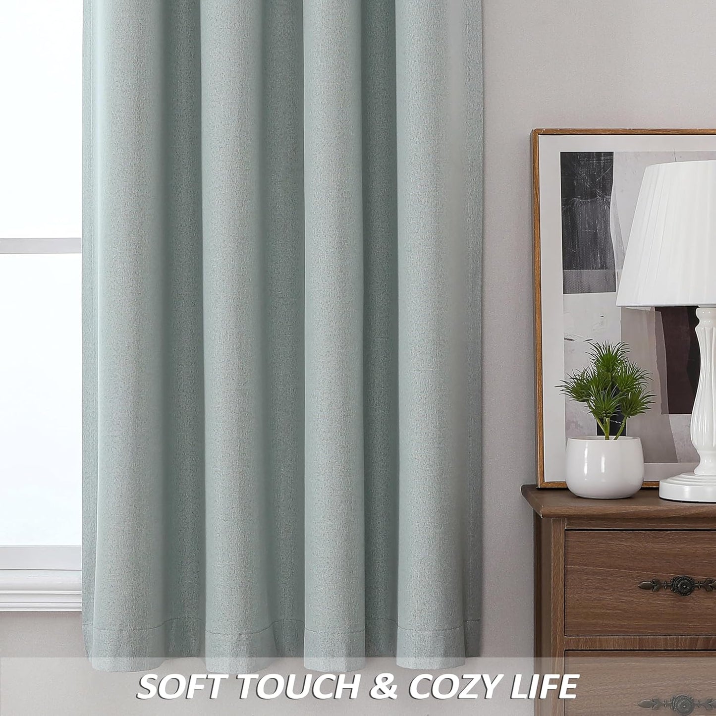 THOOO 100% Blackout Curtains - Natural Linen Textured Room Darkening Panels | 84 Inches Long, Sage Green