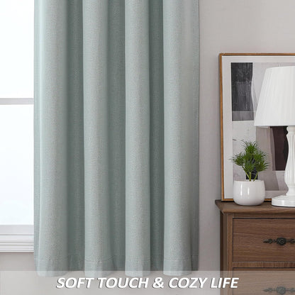 THOOO 100% Blackout Curtains - Natural Linen Textured Room Darkening Panels | 84 Inches Long, Sage Green