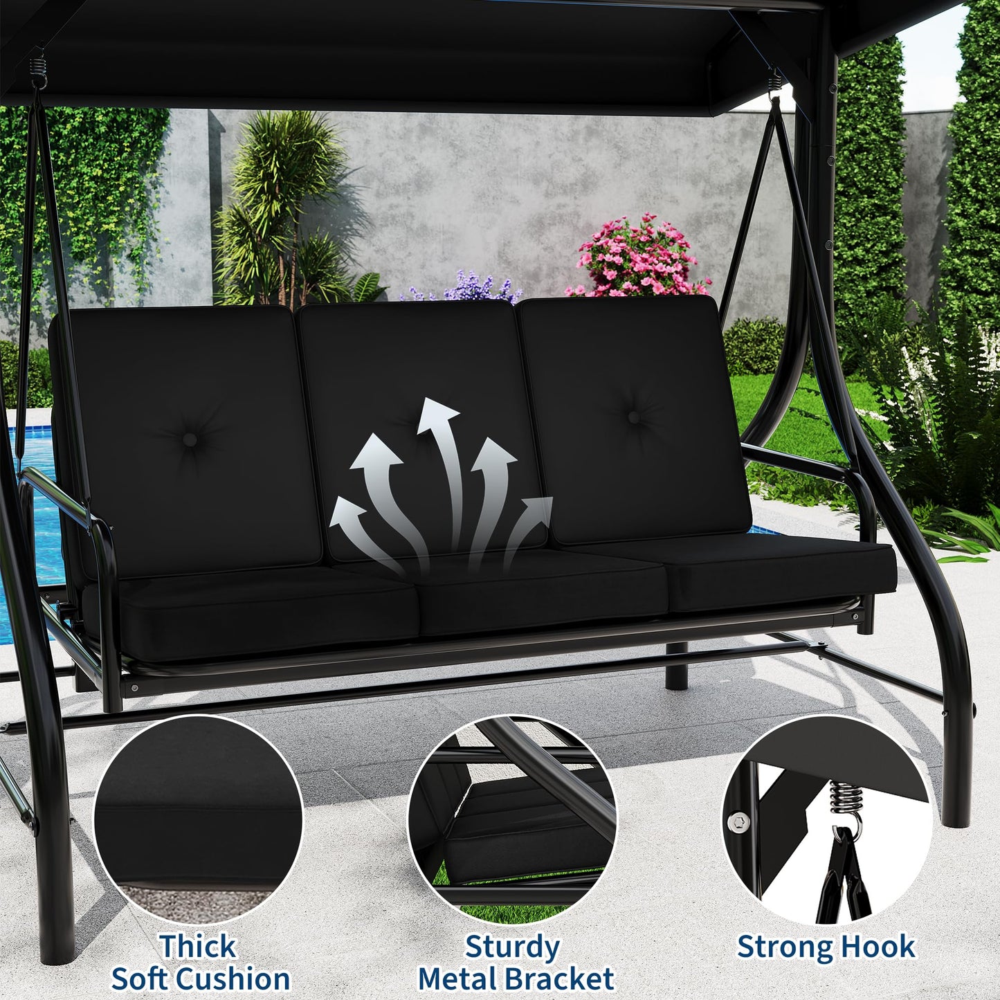 Garvee 3 Seater Outdoor Porch Swing with Stand for Adults, 2-in-1 Convertible Design Patio Swing, Thick Soft Cushion & Adjustable Removable Canopy, for Backyard Garden Patio Poolside - Black