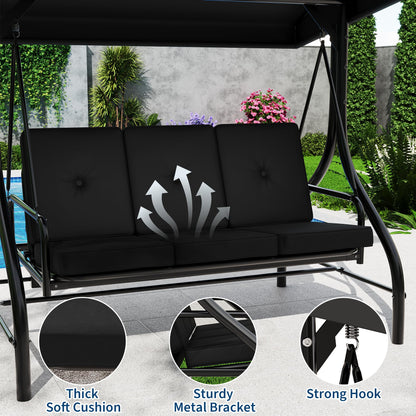 Garvee 3 Seater Outdoor Porch Swing with Stand for Adults, 2-in-1 Convertible Design Patio Swing, Thick Soft Cushion & Adjustable Removable Canopy, for Backyard Garden Patio Poolside - Black