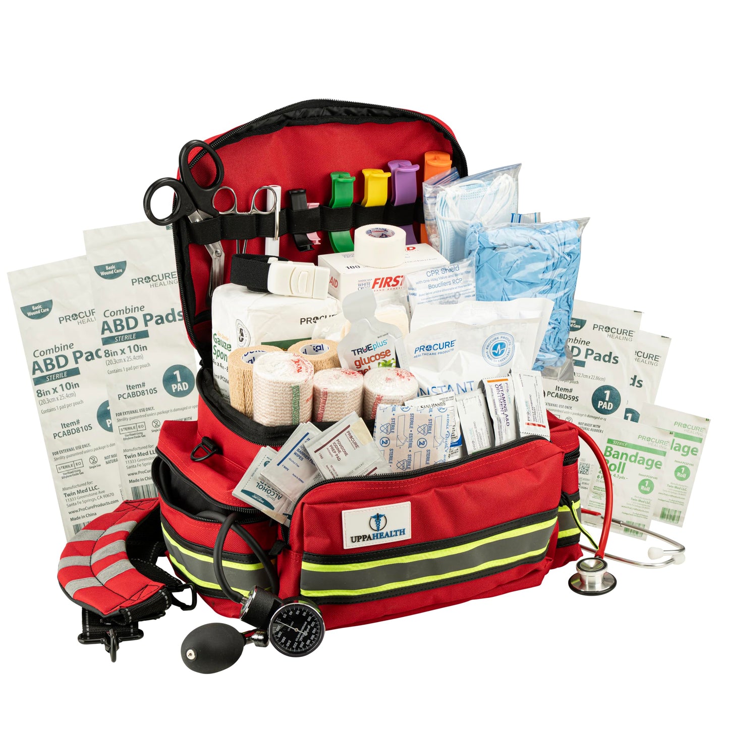 UppaHealth First Responder Fully Stocked Trauma First Aid Kit – EMT/EMS Emergency Medical Bag with 450+ Supplies for Home, Car, Workplace & Camping