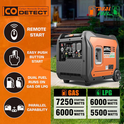 GENMAX Portable Generator, 7250W Super Quiet Dual Fuel Portable Engine with Parallel Capability, Remote/Electric Start, Ideal for Home backup power.EPA &CARB Compliant (GM7250iEDC)