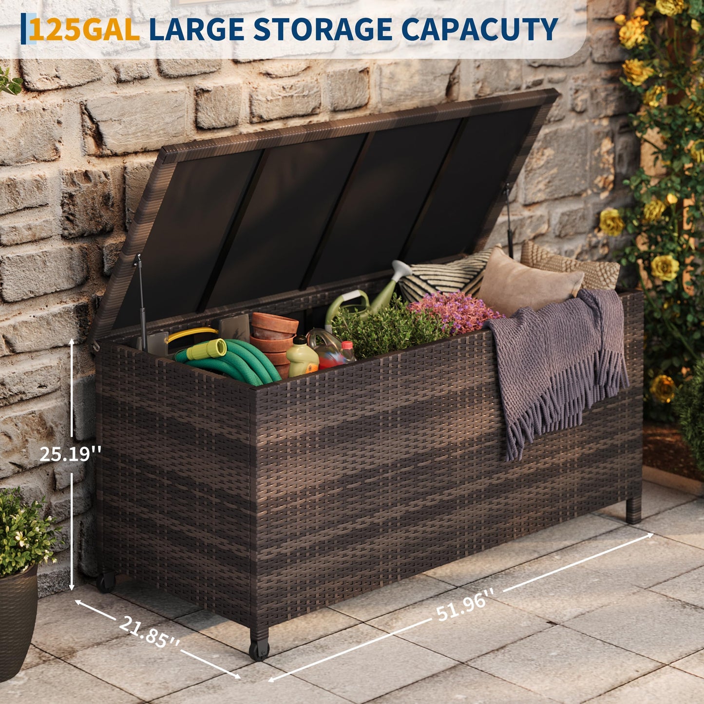 125 Gallon Outdoor Wicker Deck Box, All-Weather Waterproof Patio Storage with PE Rattan Finish & Steel Frame, for Cushions, Garden Tools, Pool Supplies, Lockable Brown Storage Box with Soft-Close Lid