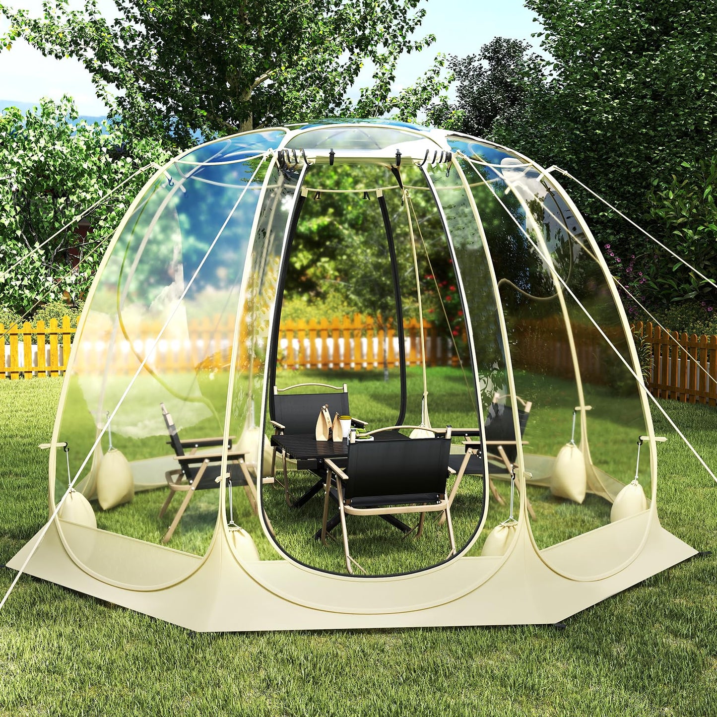 Tangkula Pop Up Bubble Tent, 9.5x9.5 Ft Oversize Outdoor Dome Tent for 4-6 People with 16 Stakes, 8 Wind Ropes, 8 Sandbags, Carrying Bag, Weatherproof Clear Tent for Winter Cold Protection, Camping