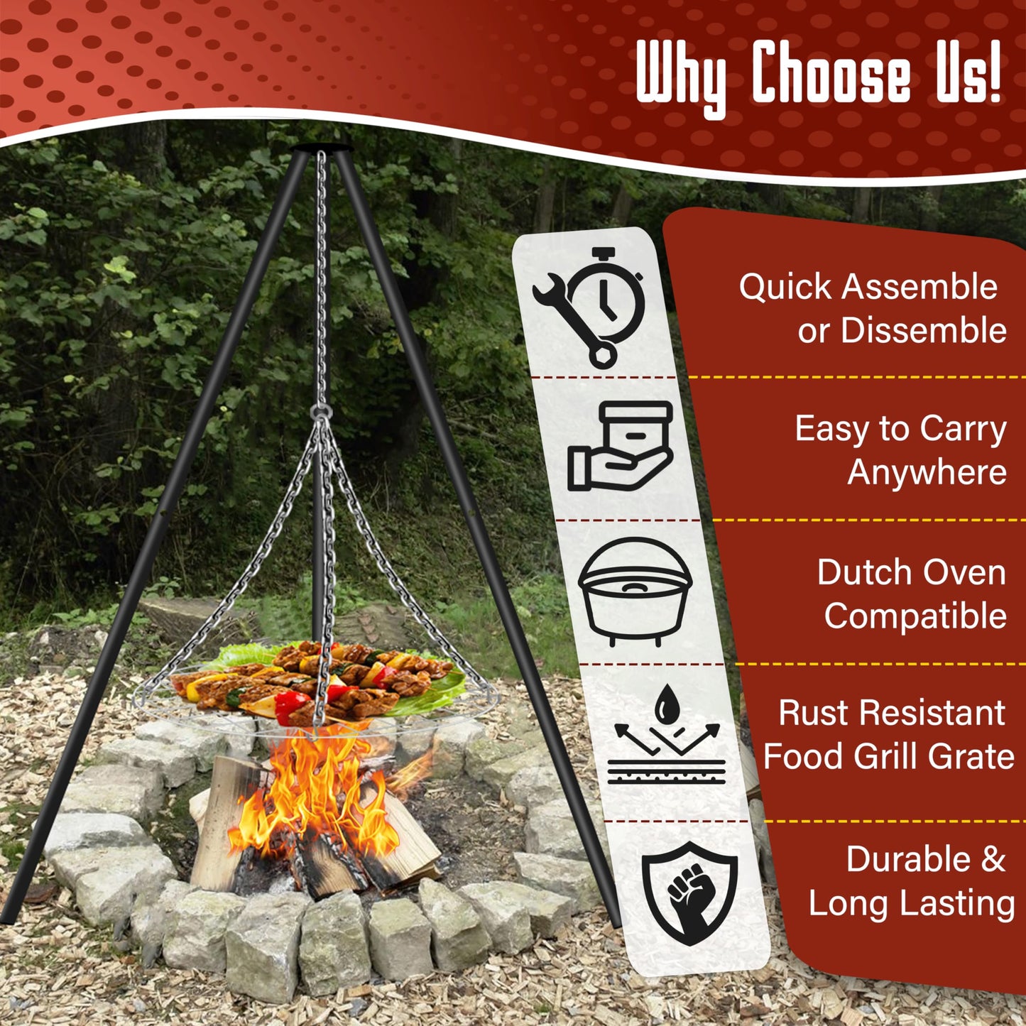 FEBTECH - 55-inch Steel Tripod Campfire Grill Set - Portable BBQ Grate with Stand for Outdoor Cooking Camping Fire Pit