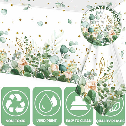 Sage Green Eucalyptus Leaf Tablecloth for Baby Shower Party Decoration Disposable Plastic Sage Greenery Tablecloth Table Cover Boho Woodland Neutral Baby Shower Wedding Party 54 x 108IN (3, Greenery)