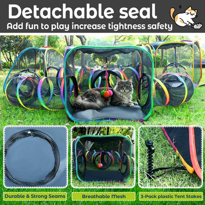 CypherX Outdoor Rainbow Cat Enclosure, 7-in-1 Portable Pop Up Cat Tents and Tunnels for Outside, Outdoor Catio Mesh Pet Playpen House, Large Playground for Large Cats and Other Animals