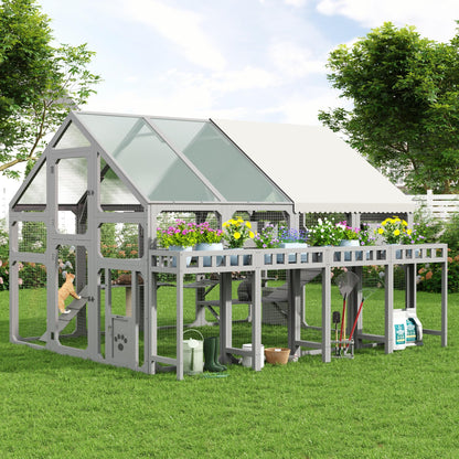 Merax Large Outdoor Cat House with Planter Stand, Wooden Walk-in Catio Enclosure with 8 Platforms, Hanging Bridge, 2 Resting Boxes, Scratching Post, Waterproof Cover for Patio Garden, Grey