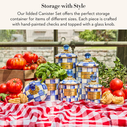 MACKENZIE-CHILDS Enamel Canister Set, Mini (14 oz.), Demi (24 oz.), and Small (38 oz.) Kitchen Containers, Blue-and-White Royal Check