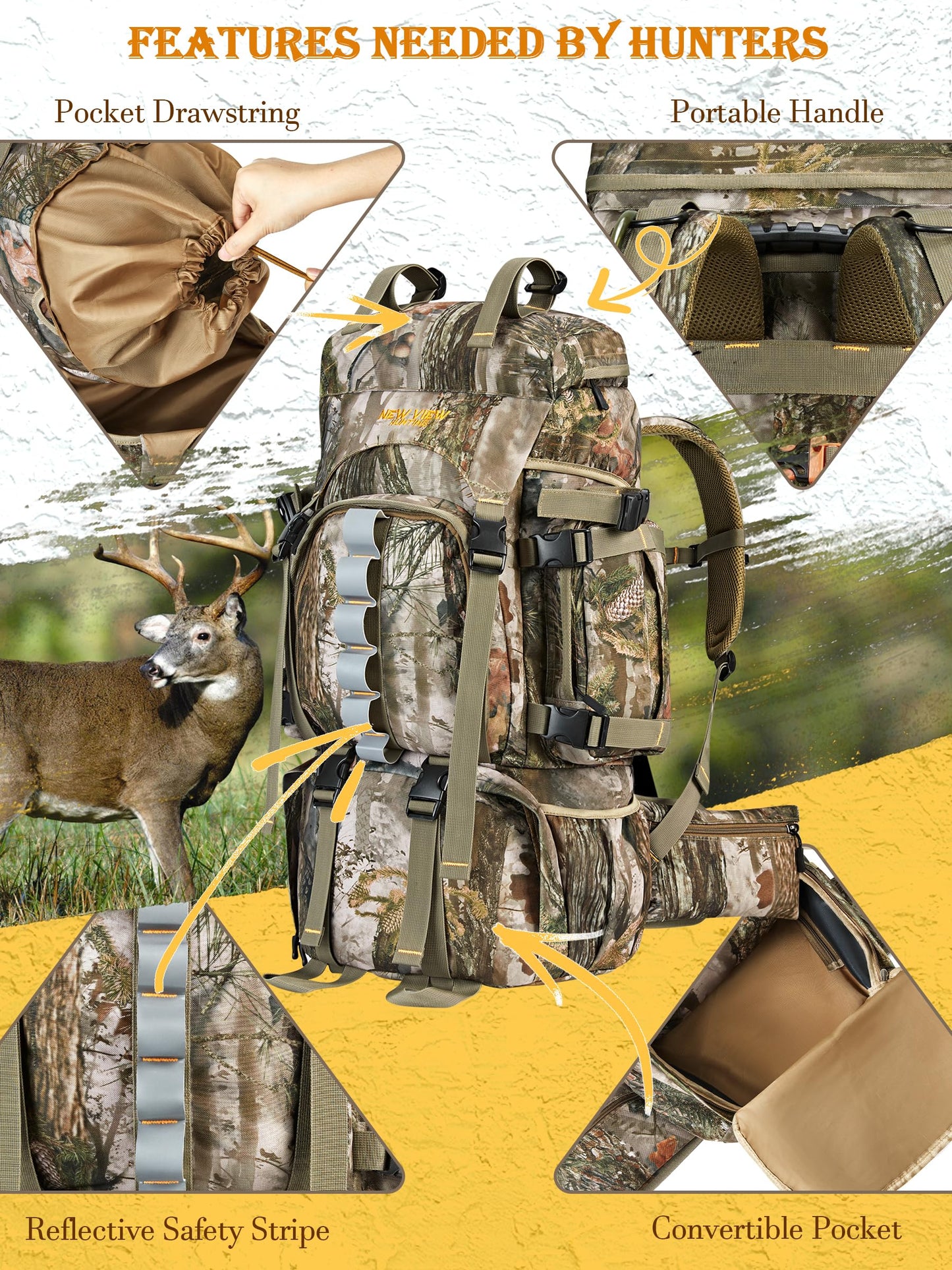 NEW VIEW 60L Hunting Backpack with Waterproof Rain Cover & Bino Packs for Hunting - Binocular Straps Harness Chest Pack