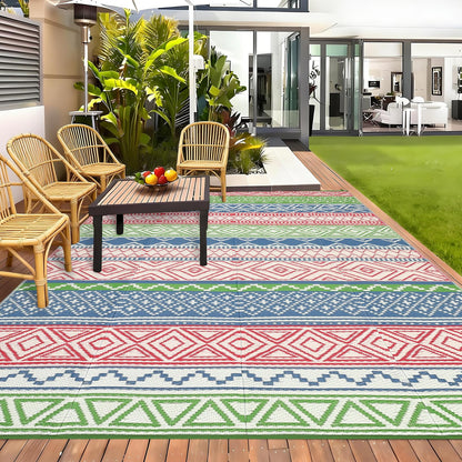 LUXLOOM Outdoor Patio Rug 10x20 Outdoor Rug Boho Plastic Straw Rugs for Patio Reversible Mat Waterproof Camping Rugs for RV Beach Deck Picnic Backyard Porch Easy Clean Floor Cover, Green Blue