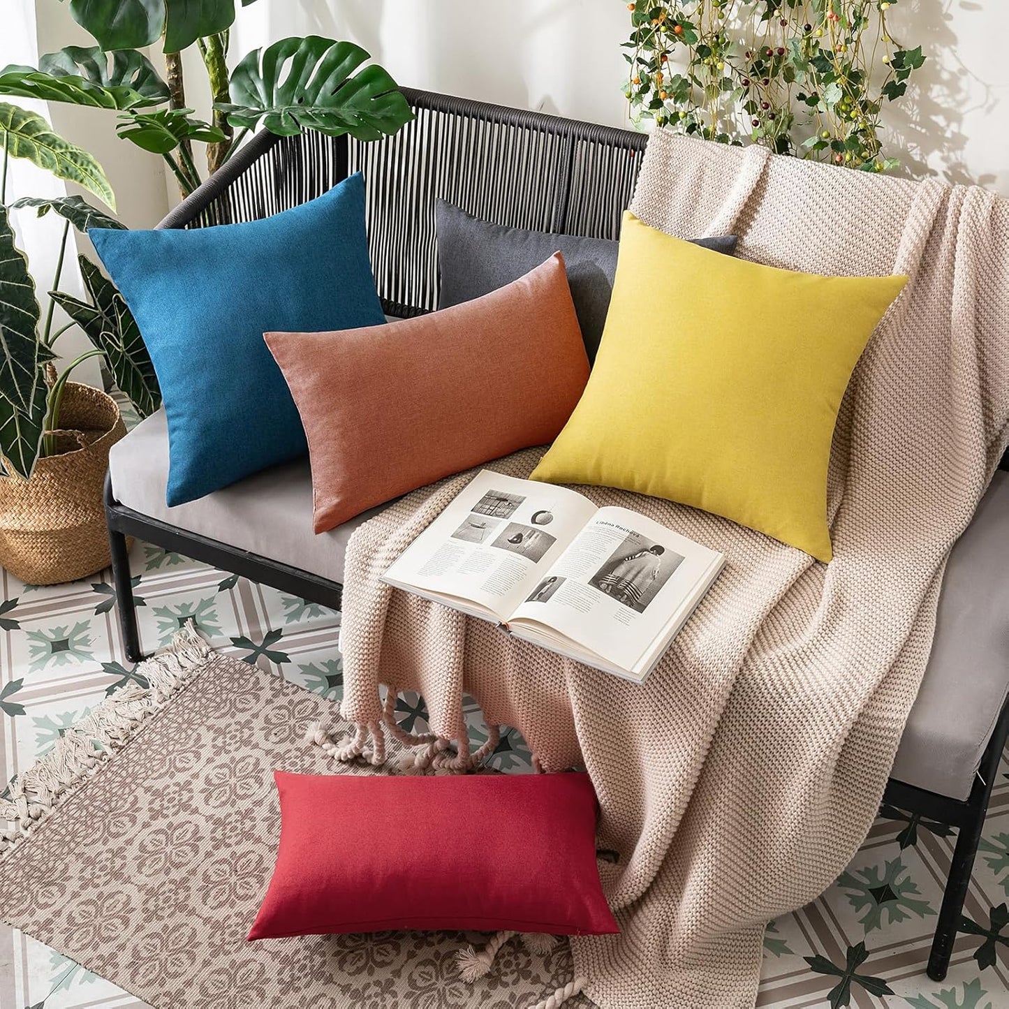 MIULEE Decorative Outdoor Throw Pillow Covers - Waterproof Faux Linen Cushions | 24x24 Inch Rust - Perfect for Summer Patio & Garden