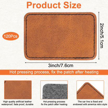 120 Pcs Blank Leatherette Hat Patches with Adhesive Backing - Faux Leather Iron-On Rectangular Patches for Fabric Repair, Custom Sewing, Laser Engraving & DIY Crafts (Brown, 3 x 2 Inches)