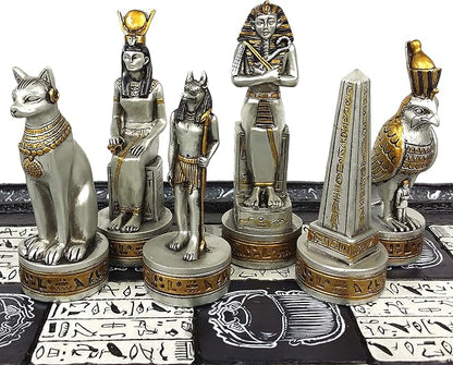 Egyptian Anubis Chess Set Black Silver and Gold Men with 16 Hieroglyphic Board