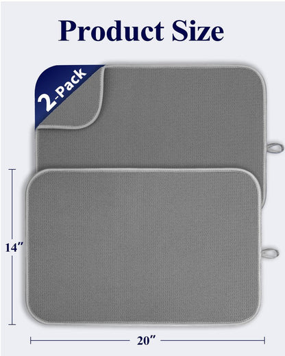 Kitsure Dish Drying Mat - 2-Pack Washable Microfiber Drying Mat for Kitchen Counter, 3-Layer Ultra Absorbent Pad with a Hanging Hook, 20" x 14", Dark Grey