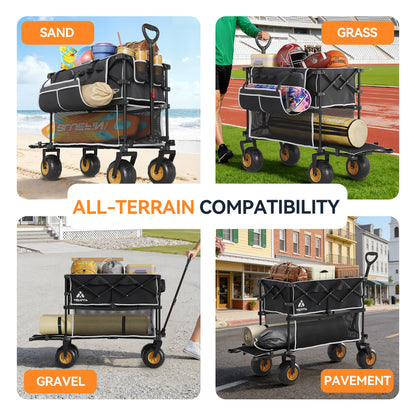 400L Double Decker Beach Wagon-500LBS Heavy Duty Beach Cart with 9" Big Balloon Wheels for Sand,Folding Collapsible Wagon with Side Pocket for Beach, Fishing, Camping,Outdoor(Black)