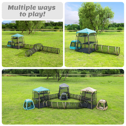Catio Outdoor Cat Enclosure Combo for Indoor and Outdoor,3 Tier Cage Inside,Outdoor Catio,Portable and Foldable(Includes one cat Tower Tent,one Tunnel and one cage) + cat Tunnel(2 Packs)