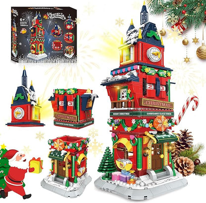 Christmas Countdown Tower House Building Toys - Lego-Compatible Christmas Village House Building Set with LED Light Countdown Clock Tower Christmas Festival Holiday Model Gift Idea for Adult Kids 6+