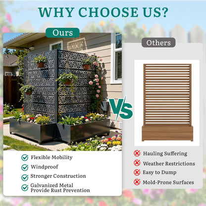 Ultym Metal Planter Box with Trellis, Galvanized Steel Raised Garden Bed with Privacy Screen, Lockable Casters, 73"x47"x16" Planter with Drainage Holes for Outdoor Climbing Plants, Vegetables, Patio