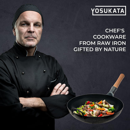 YOSUKATA Flat Bottom Wok Pan - 13.5" Blue Carbon Steel Wok With Lid 12.8 Inch - Premium Stainless Pan Cover with Tempered Glass Insert Steam Holes and Ergonomic Handle