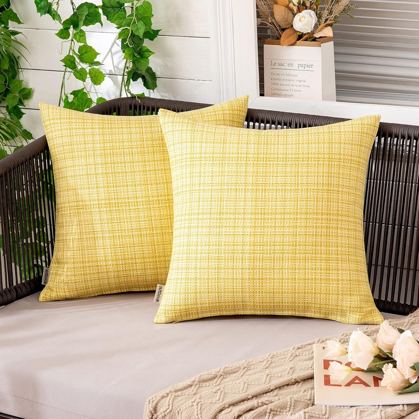 MIULEE Outdoor Waterproof Throw Pillow Covers - Decorative Farmhouse Cushion Covers | 12x12 Inch, Yellow (Pack of 2)