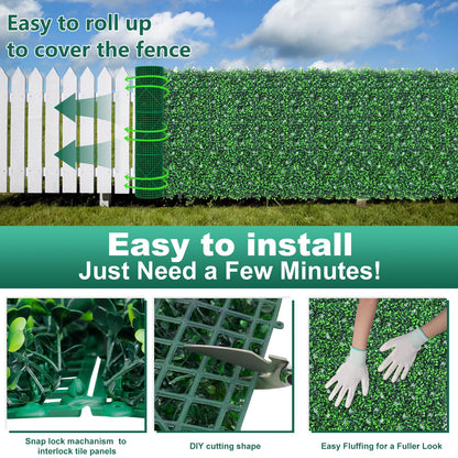 Yangrass Boxwood Roll Panels with White Flower, 48"x120" (40 sqft) Artificial Ivy Privacy Fence Screen, UV-Anti Faux Boxwood Roll Grass Wall Panels for Garden Patio Balcony Decor