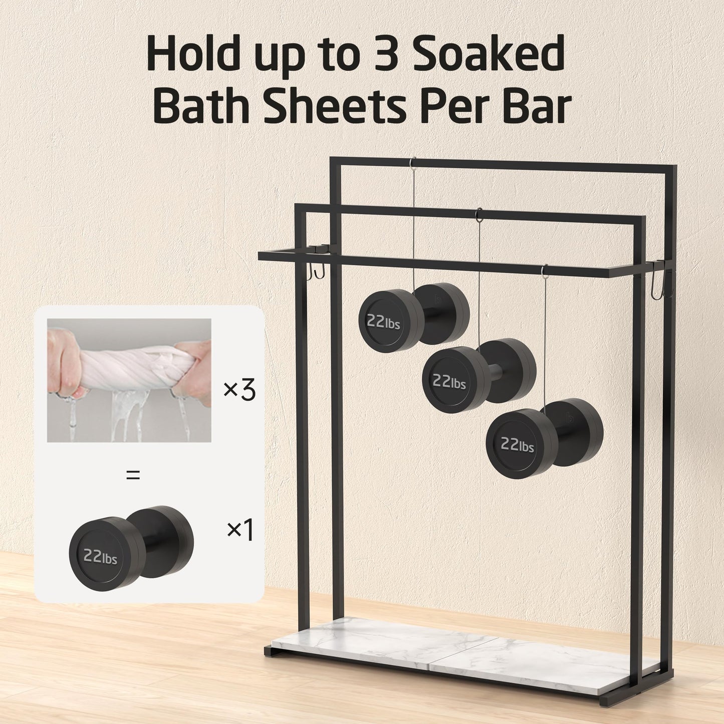 KES Extra Large Free Standing Towel Racks for Bathroom with Anti Wobble Base, 44 Inch Blanket Rack, 3-Tier Blanket Holder for Living Room with Weighted Marble Shelf & 4 Hooks, Matte Black, BTH504-BK