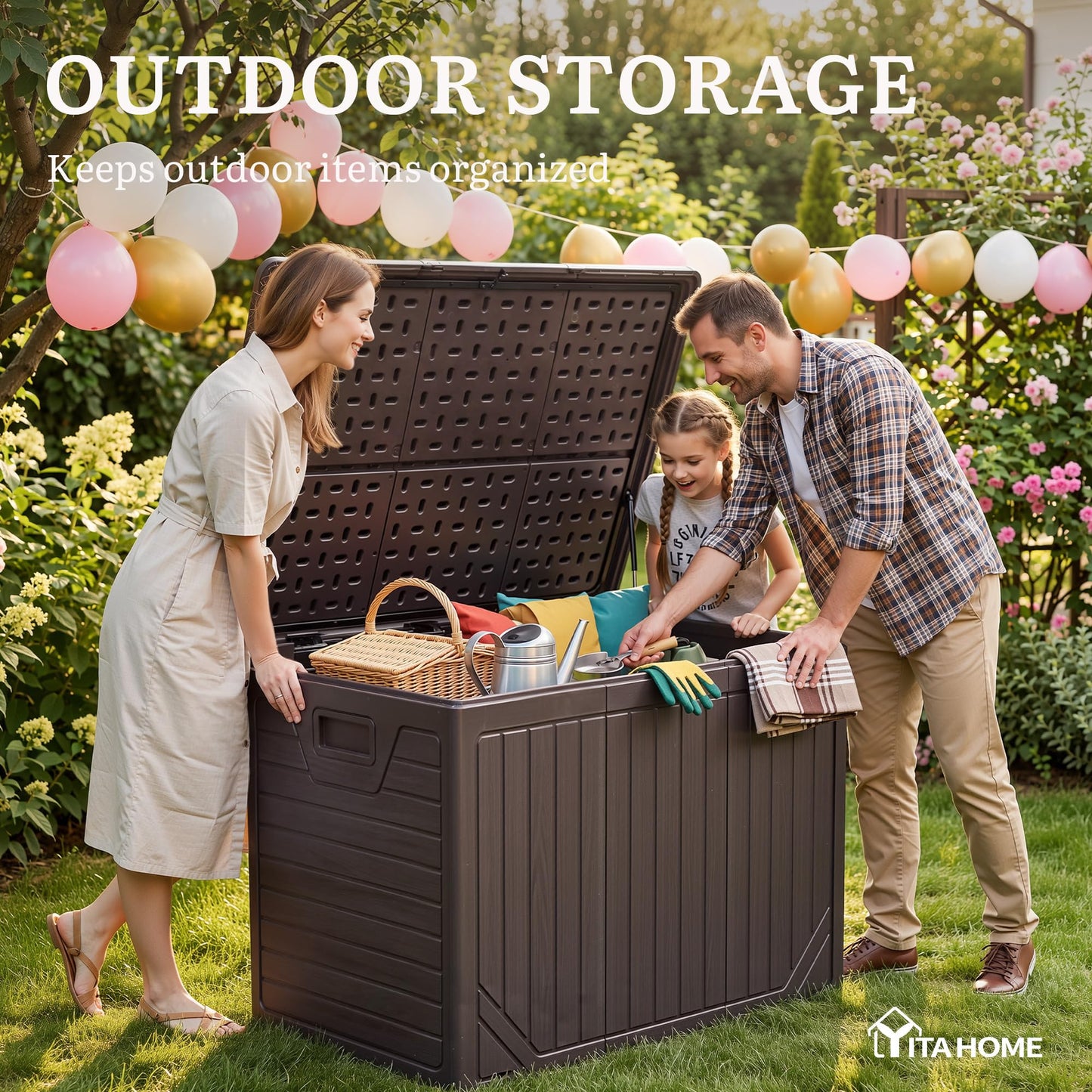 YITAHOME 230 Gallon Extra Large Outdoor Storage Box, Waterproof Double-WallDeck Box with Hydraulic Piston for Garden Tools, Pool Accessories & Cushions, Resin Deck Organizer with Bench Seat(Brown)