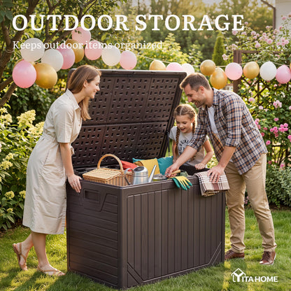 YITAHOME 230 Gallon Extra Large Outdoor Storage Box, Waterproof Double-WallDeck Box with Hydraulic Piston for Garden Tools, Pool Accessories & Cushions, Resin Deck Organizer with Bench Seat(Brown)