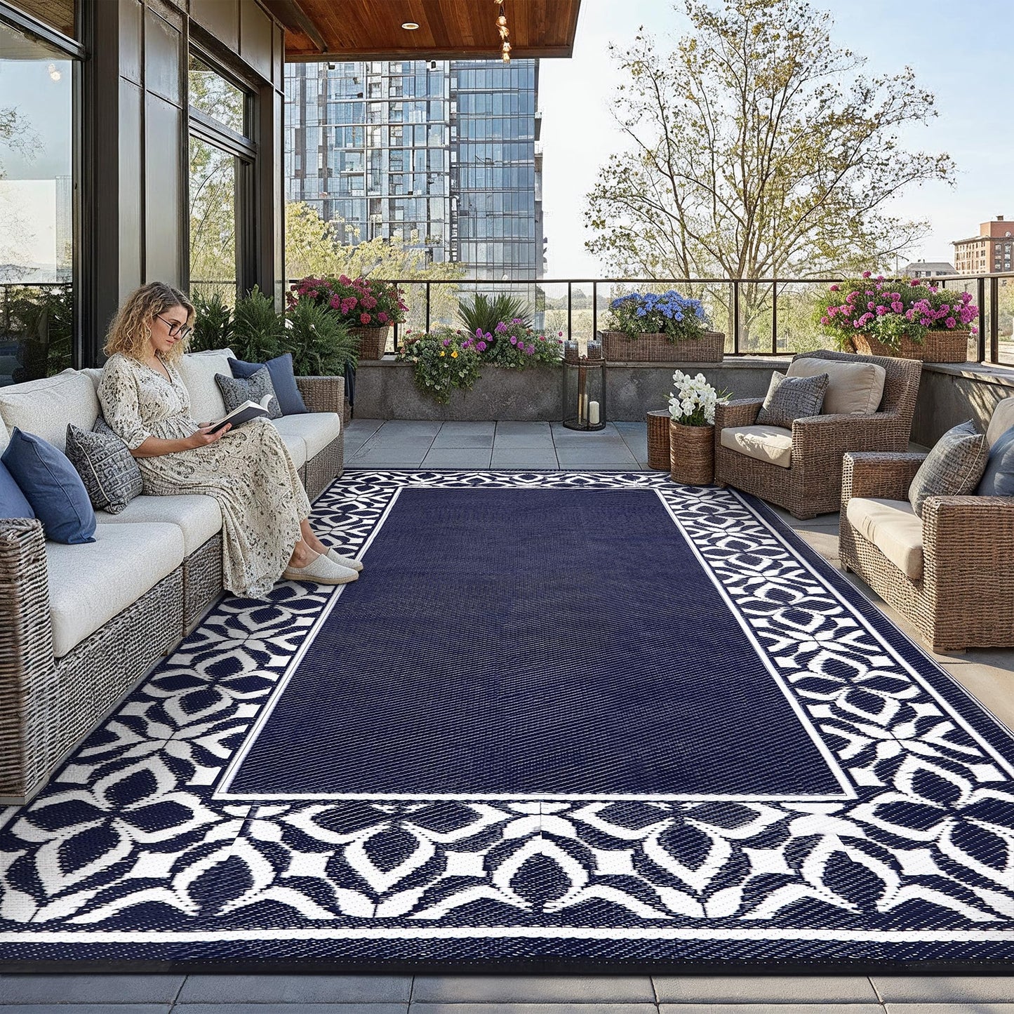 PureCozy Outdoor Plastic Straw Rug Navy Blue Large Outside Waterproof Outdoor Patio 10x14 Carpet Geometric Reversible Mat Modern for Camping RV Porch Deck Balcony Beach