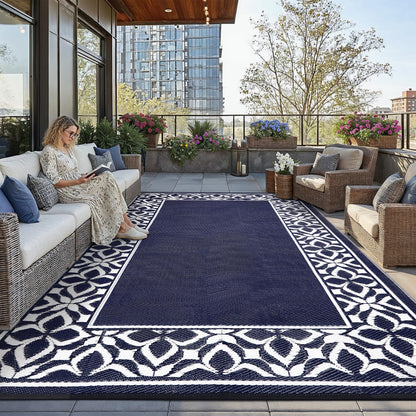 PureCozy Outdoor Plastic Straw Rug Navy Blue Large Outside Waterproof Outdoor Patio 10x14 Carpet Geometric Reversible Mat Modern for Camping RV Porch Deck Balcony Beach