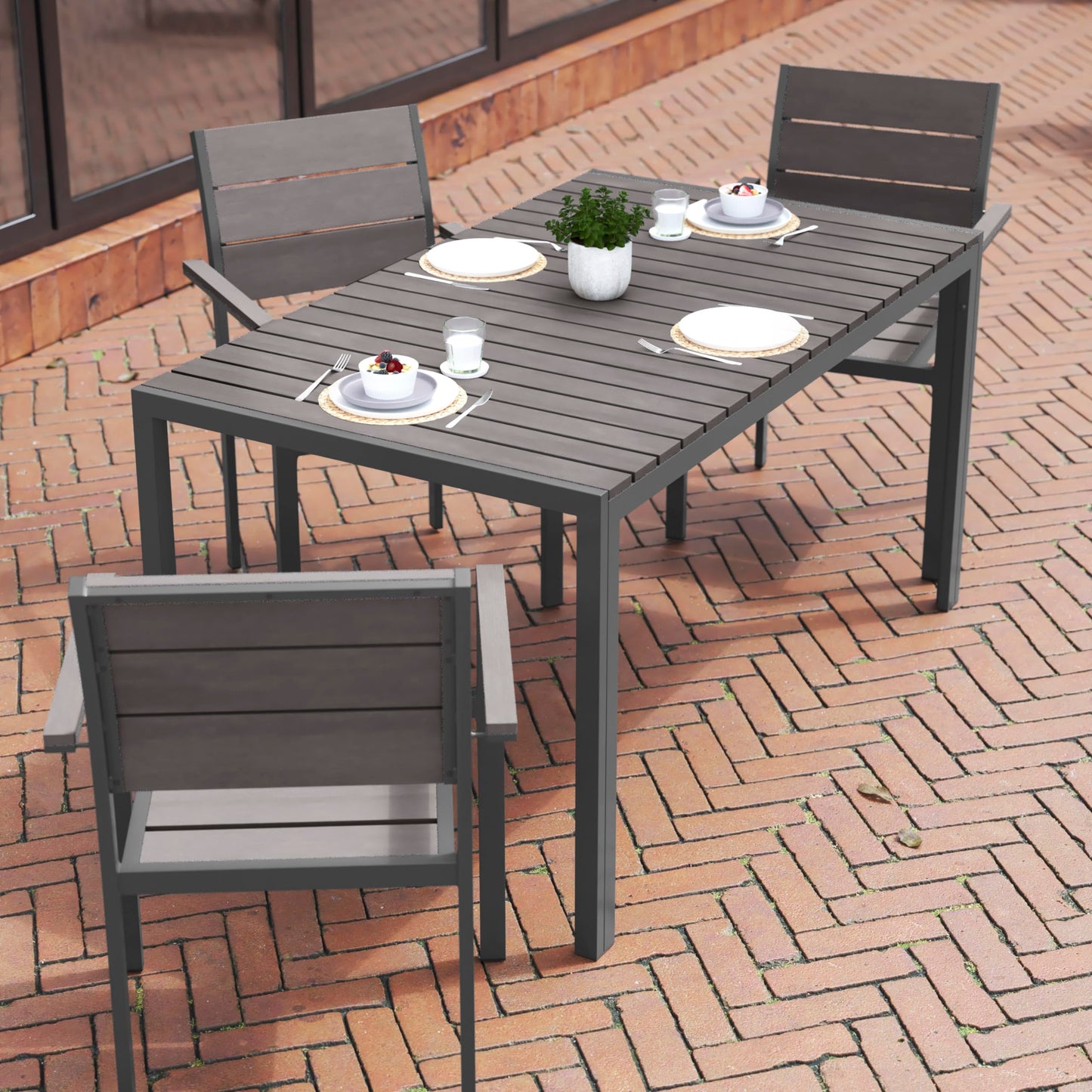 Flash Furniture Finch Commercial Grade Outdoor Dining Table 55" x 31" with Faux Teak Poly Slats and Metal Frame, Gray/Gray