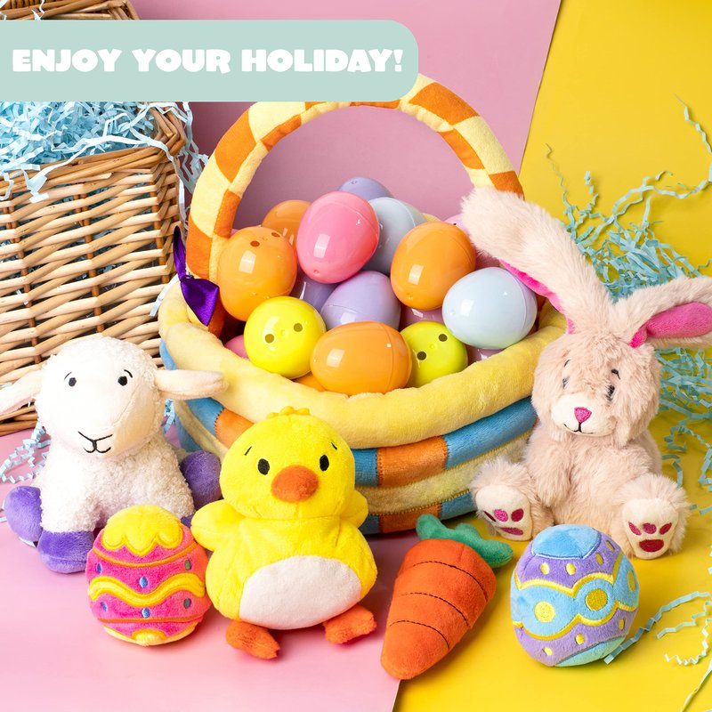 JOYIN 7 PCS Easter Basket Plush Playset Stuffers with Lamb Bunny Chick Carrot Egg Toys, Easter Party Favors Decorations Gifts Supplies for Baby Girls Boys Toddler Kids of All Ages