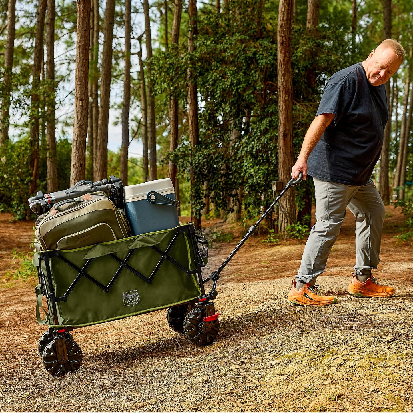 TIMBER RIDGE Outdoor Collapsible Folding Wagon with Brakes and Cup Holders, 500lbs Heavy Duty All Terrain Wheels Utility Cart for Shopping Camping Garden Sports, Green